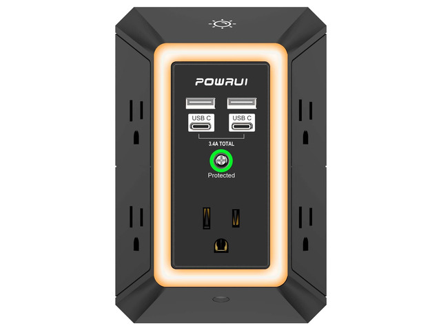 3-Sided Outlet Extender with Night Light - Multi Plug Wall Outlet with 5 Outlets and 4 USB Charging Ports(2 USB C), 1680J Power Strip for Home,...