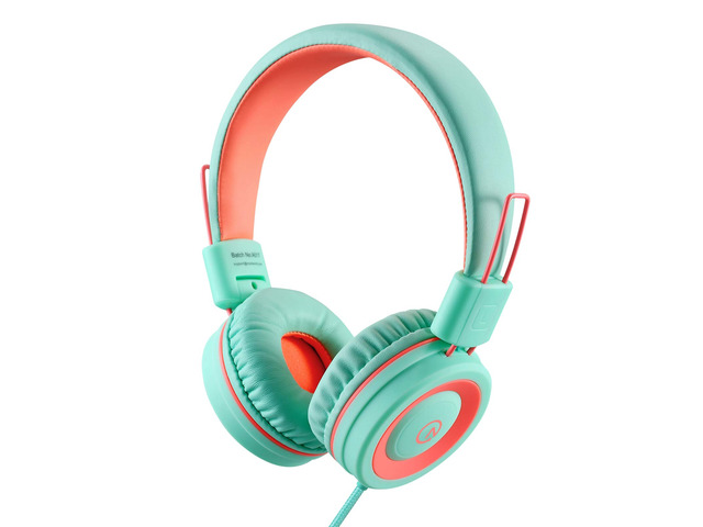 K11 Kids Headphones Wired 3.5mm Jack Tangle-Free Mint/Coral 5ft Long Cord, Foldable, Plug in On-Ear Headset for iPad, Kindle Fire, Boys, Girls,...