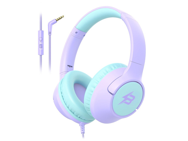 Kids Headphones Wired for School, 3.5mm Safe Volume Limit with Mic, Purple Plug in Kids headphones with Cord, Over Ear, 85/94dB Volume for Girls...