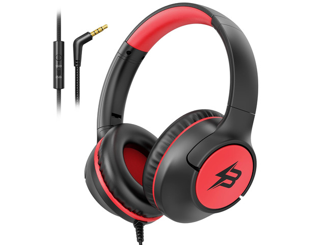 Wired Headphones for Kids for School, 3.5mm Cord 85/94dB Volume, Black Red Over Ear Headphones with Microphone for Kids Boys Girls Toddler, Plug in...