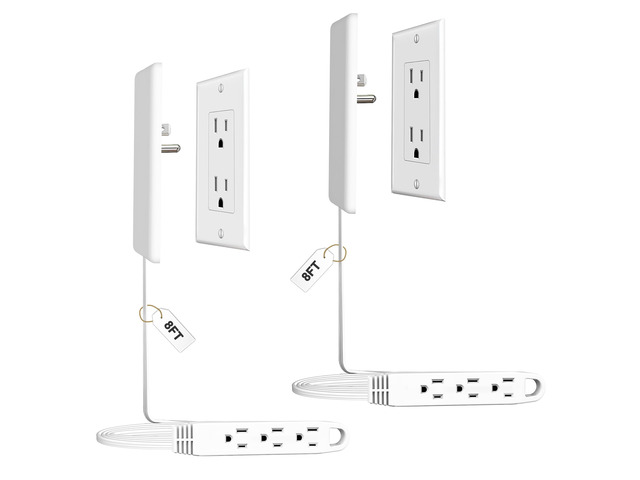 2 Pack 8FT Ultra Flat Plug Extension Cord, 3 Outlets, White Multi Outlets, Patented Detachable Ultra-Thin Outlet Cover Concealer, Ultra-Flat Plug,...