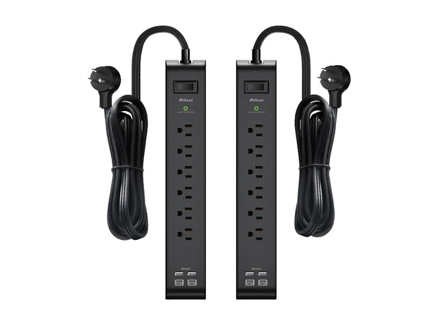 2 Pack Power Strips Surge Protector, 25FT Flat Extension Cord, Flat Plug 6 Outlets 4 USB Charging Ports, Overload Protection, Wall Mount for Home...