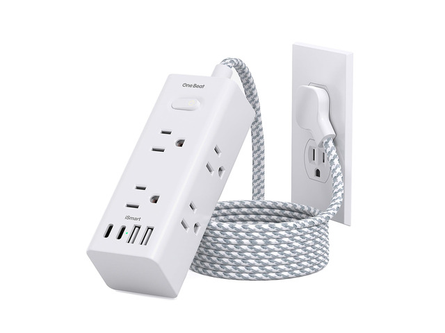 Surge Protector Power Strip, 5Ft Flat Plug Extension Cord, White 6 Outlets 4 USB Ports (2 USB C), Wall Mount Small Power Strip for Travel Home...