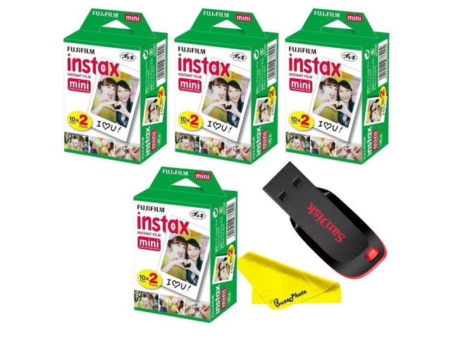 Instax Mini Instant Camera Film with Sandisk 32 GB USB Flash Drive + 4 x Mini Twin Packs (80 Sheets) and Buzz-Photo Microfiber Cleaning Cloth