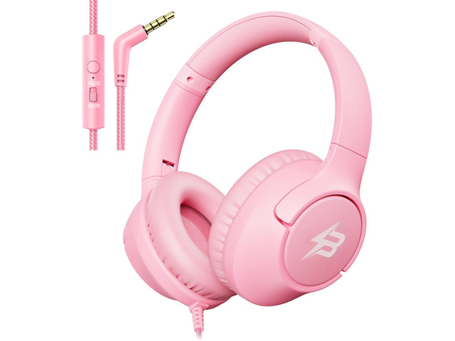 Wired Headphones for Kids for School, 3.5mm Cord Safe Volume Limit, Pink Over Ear Headphones with Mic, 85/94dB for Girls Toddler Student, Foldable...