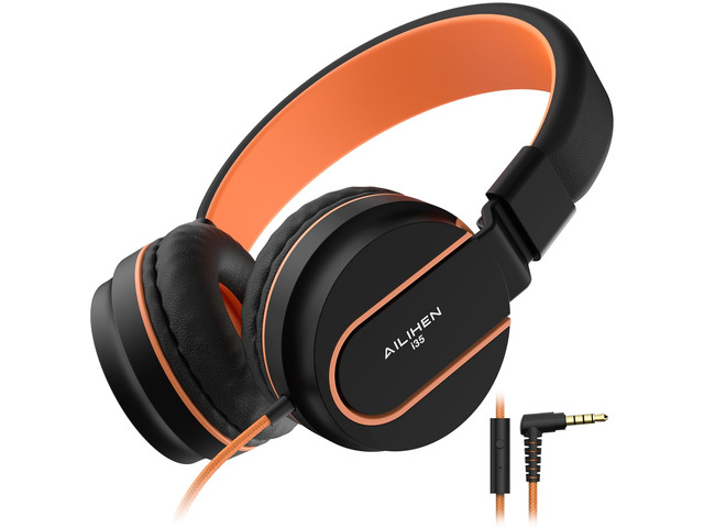 I35 Kids Headphones for School with Mic, 93dB Safe Volume, Orange Wired On Ear Headphones for Girls Boys, 3.5mm Foldable Lightweight for Classroom...