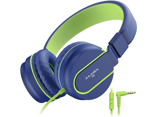 I35 Kids Headphones for School with Mic, 93dB Safe Volume, Green Wired On Ear Headphones for Girls Boys, 3.5mm Foldable Lightweight for Classroom...