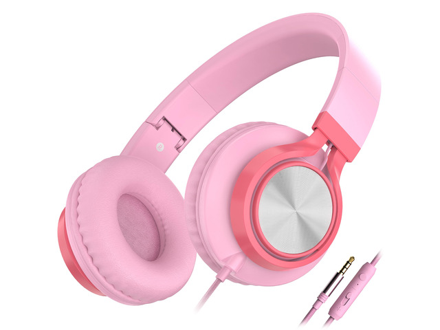 Kids Wired Headphones with Mic for School Girls Women, 3.5mm Jack, Pink On Ear Headsets and Volume Control Foldable, Corded Computer Chromebook for...