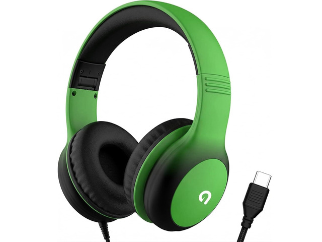 Wired Kids Headphones with USB C Plug, 85dB Safe Volume, Adjustable Headband, Tangle-Free Cord Headphones for School, Tablet, Travel (Green &...