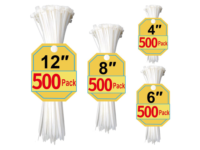 Zip Ties Assorted Sizes 4+6+8+12 Inch, 2000 Pack, White Cable Ties for Multi-Purpose, Nylon/Plastic Wire Ties for Home Improvement, Office &...