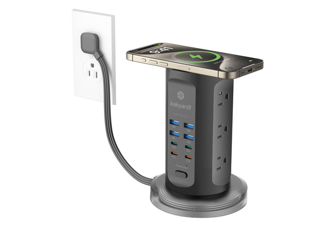 Power Strip Tower, PD 65W Charging Station 9 AC Outlets 8 USB 6 Ft Retractable Extension Cord, 15W Wireless Charger, Black