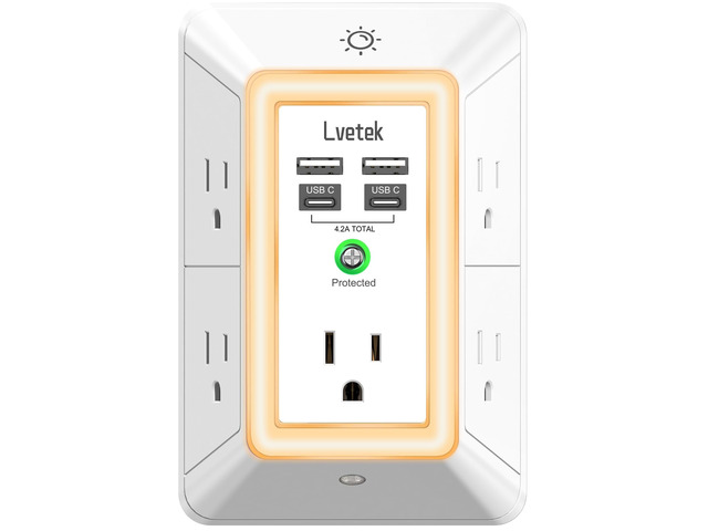 Multi Plug Outlet Surge Protector - 3-Sided Power Strip with 5 Outlet Extender and 4 USB Ports(2 USB-C) and Night Light, USB Wall Charger for Home,...
