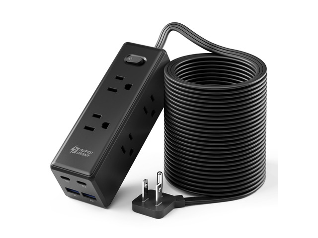 25Ft Extension Cord with Multiple Outlets, Flat Plug Power Strip Long Extension Cord with 6 Outlets, 4 USB Ports(2 USB C), Surge Protector for...