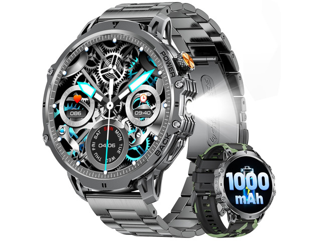 Military Smart Watches for Men(2 Bands), 1000mAh/1.85' HD Large Screen Flashlight/110+ Sports Modes/IP68 Waterproof/Sleep Monitor Smartwatch,...