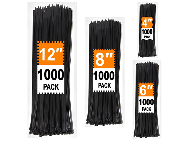 Zip Ties Assorted Sizes 4+6+8+12 inch, 4000 Pack, Black Cable Ties, UV Resistant Wire Ties for Outdoor Use