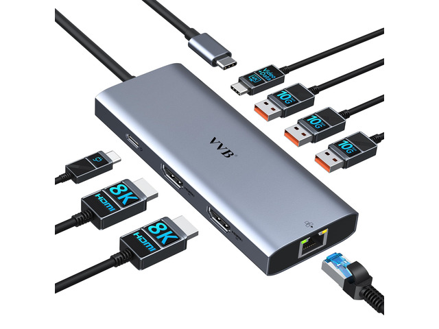 USB C Docking Station Dual Monitor HDMI Laptop Docking Station 3 Monitors Docking Station with 3*8K USB C+2 HDMI,10G USB A/C ports,100W...