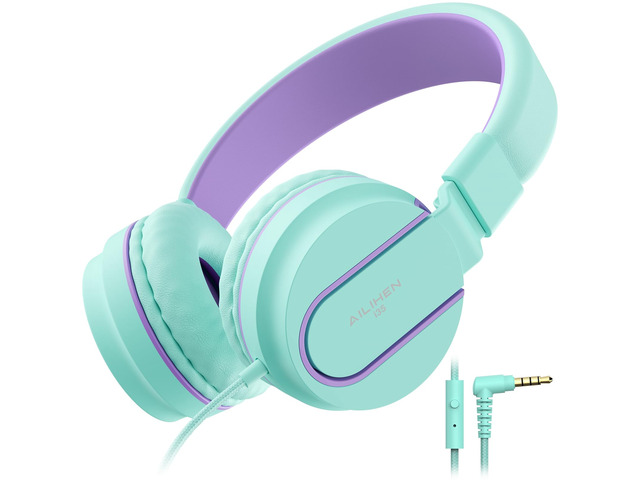 I35 Kids Headphones for School with Mic, 93dB Volume, Green Purple Wired On Ear Headphones for Girls Boys, 3.5mm Foldable Lightweight for Classroom...