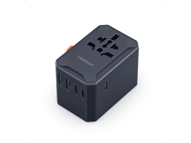 Universal Travel Adapter, GaN 65W, Black International Power Adapter, 5 USB Ports (3 USB C), Worldwide Plug Adaptor