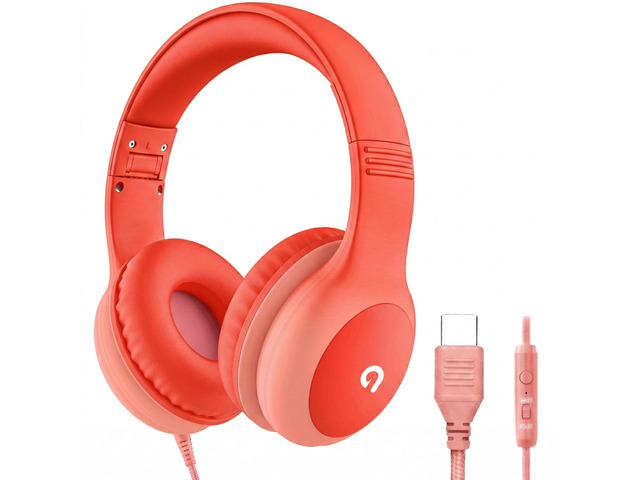Wired Kids Headphones with USB C Plug, 85dB Safe Volume, Adjustable Headband, Tangle-Free Cord Headphones for School, Tablet, Travel (Coral Red &...
