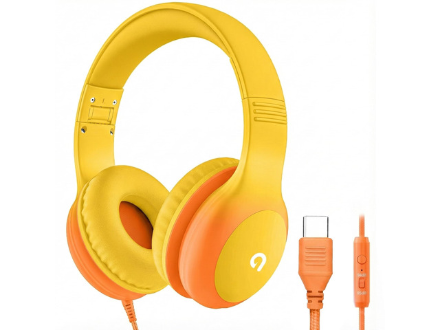 Wired Kids Headphones with USB C Plug, 85dB Safe Volume, Adjustable Headband, Tangle-Free Cord Headphones for School, Tablet, Travel (Yellow &...