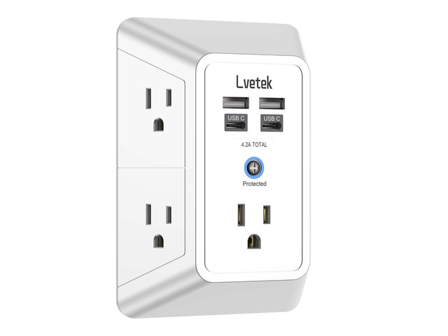 Outlet Extender, Surge Protector Outlet with 5-Multi Plug Outlet and 4 USB Ports(2 USB C), 3-Sided 1680J Power Strip Wall Charger, Multiple-Plug...