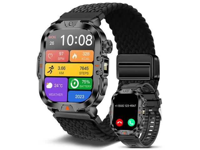 Smart Watch for Men Military Answer/Make Call 2.01 Display 170+ Sports Modes IP68 Waterproof 30-Day Standby for Android iOS Nylon Straps (2 Straps)