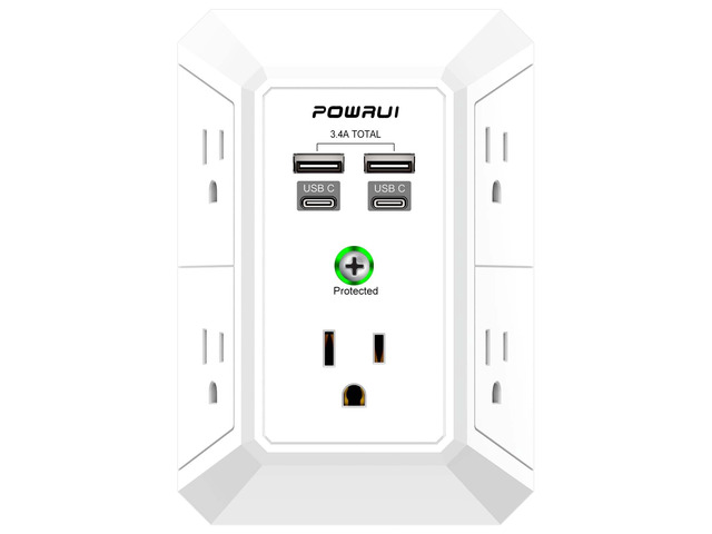Outlet Extender Surge Protector - 5 Outlet Splitter with 4 USB Charging Ports(2 USB C), 3-Sided 1680J Power Strip Multi Plug Wall Adapter for Home...