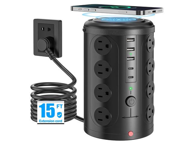 15FT Power Strip Tower Surge Protector with 15W Wireless Charger 16 WideSpaced Outlets & 5 USB (2 USB C) Port, 45°Flat Plug, Desk Charging Station...