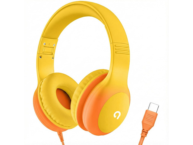 Wired Kids Headphones with USB C Plug, 85dB Safe Volume, Adjustable Headband, Tangle-Free Cord Headphones for School, Tablet, Travel (Yellow &...