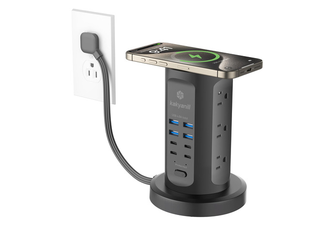 Power Strip Tower, Charging Station 9 AC Outlets 8 USB Ports 6 Ft Retractable Extension Cord, 15W Wireless Charger, Black