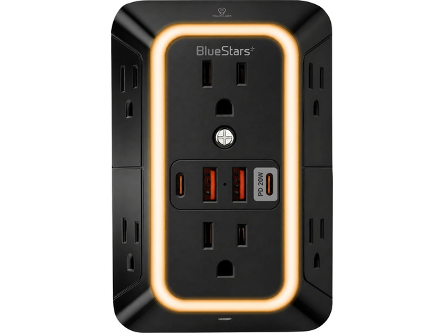 Surge Protector Outlet Extender, 6 Outlets & 4 USB Ports with Fast Charging Type C PD 20W, Night Light, 3-Sided Power Strip, Multi Plug Wall...
