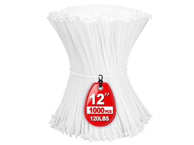 Zip Ties 12 inch Heavy Duty Cable Ties with 120lbs Tensile Strength,White Zip Ties 1000 Pack, Wire Ties for Indoor and Outdoor Use