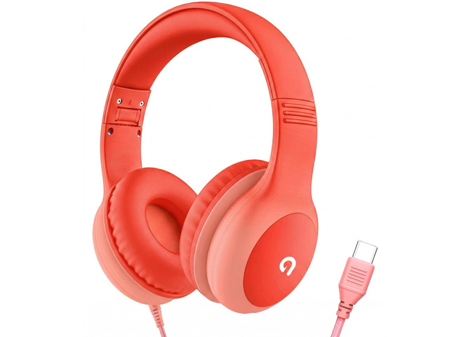Wired Kids Headphones with USB C Plug, 85dB Safe Volume, Adjustable Headband, Tangle-Free Cord Headphones for School, Tablet, Travel (Coral Red &...