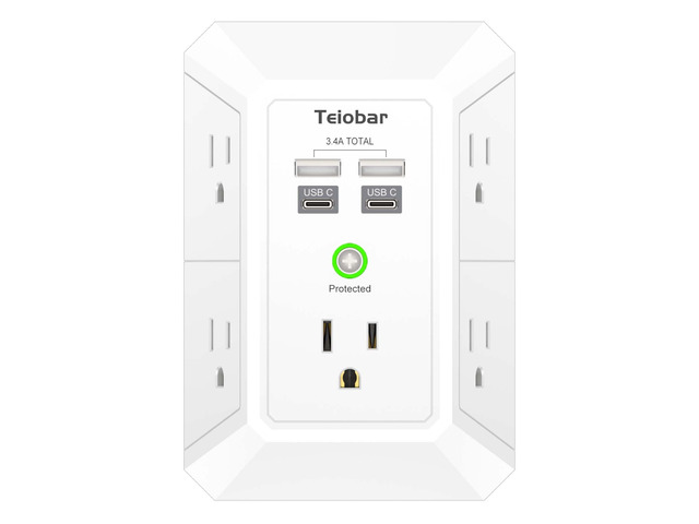 Wall Charger, Surge Protector, 5 Outlets and 4 USB Ports(2USB-C) 1680 Joules, 3-Sided Power Strip, Multi Plug Wall Outlet Adapter Spaced for Home...