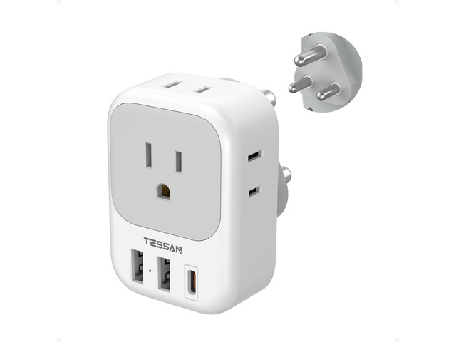 South Africa Type M Power Adapter 4 American Outlets, 3 USB Charger (1 USB C Port), For US to Bhutan Botswana Namibia Nepal