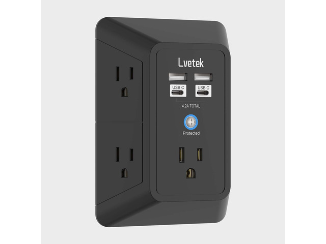 Outlet Extender, Surge Protector Outlet with 5-Multi Plug Outlet and 4 USB Ports(2 USB C), 3-Sided 1680J Power Strip Wall Charger, Multiple-Plug...