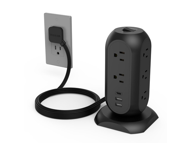Tower Power Strip Flat Plug with 1050J Surge Protection, 6 Ft, Black 11 Outlets 3 USB (1 USB C), Surge Protector Power Tower, Extension Cord with...