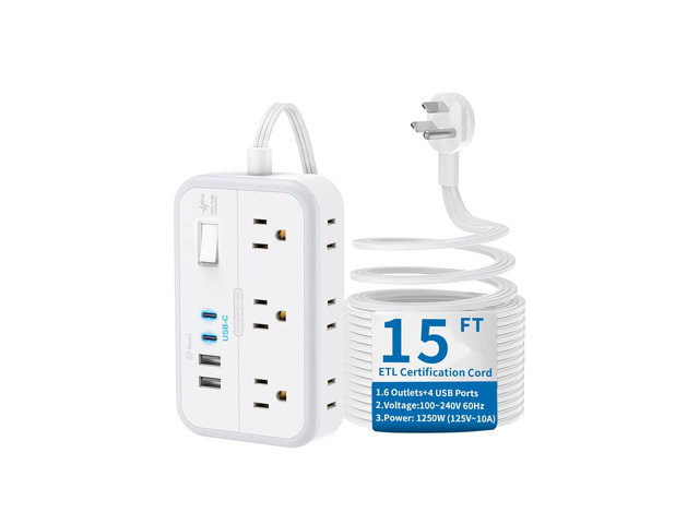 Flat Extension Cord 15 ft, Surge Protector Power Strip with 6 Widely Outlets 4 USB Ports(2 USB C), Flat Plug, Wall Mounted, Side Outlet Extender...