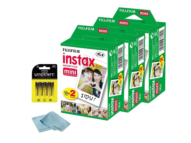 Instax Mini Instant Film, 60 Shots (10 Sheets x 6) Capture Memories Anytime, Anywhere + BluebirdSales Premium Cleaning Cloth & 8 AA Batteries