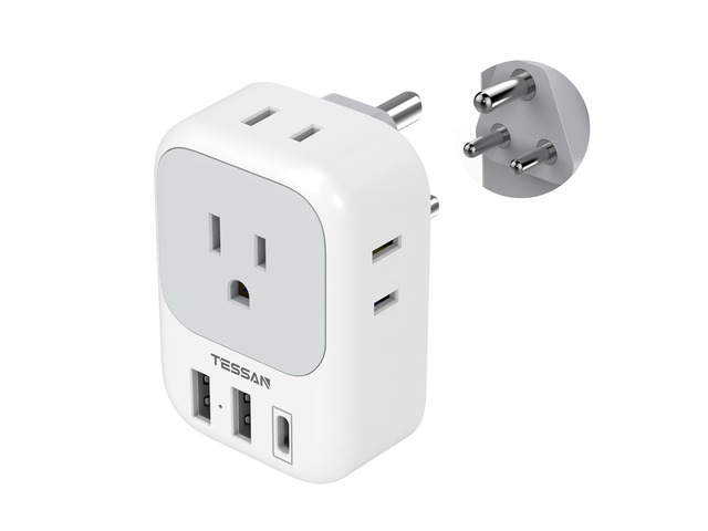 US to India Plug Adapter, Type D Travel Adaptor 4 American Outlets,3 USB Charger(1 USBC), for Bangladesh, Maldives, Nepal, Pakistan