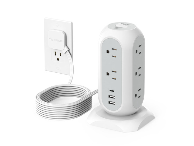 Tower Power Strip Flat Plug with 1050J Surge Protection, 10 Ft, Grey 11 Outlets 3 USB (1 USB C), Surge Protector Power Tower, Extension Cord with...