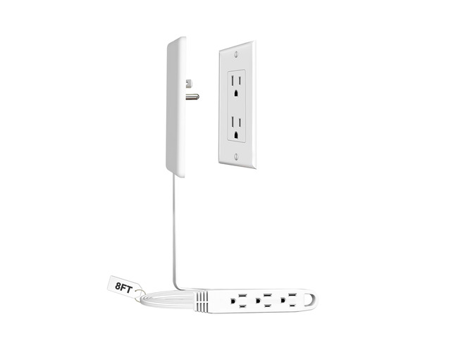 8FT Flat Plug Extension Cord Power Strip 3 Outlets White Downward Cord Downward, Patented Detachable Ultra-Thin Outlet Cover Concealer, Ultra-Flat...