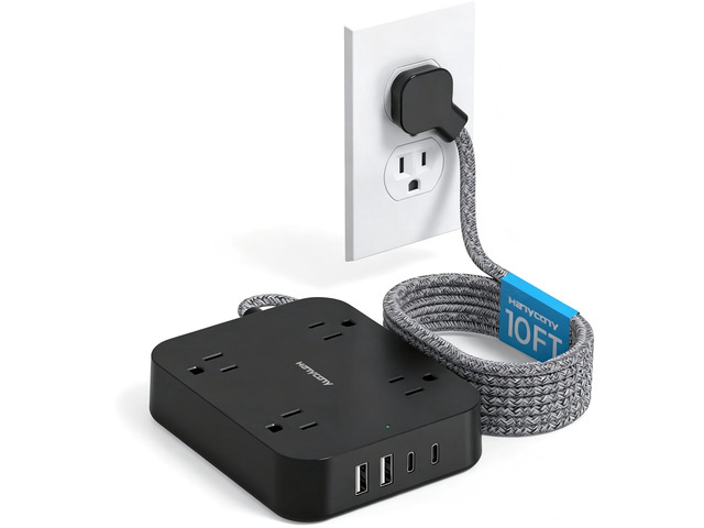 10 Ft Braided Extension Cord, Ultra-Thin Flat Plug, 4 Widely Spaced Outlets 4 USB Ports (2 USB C), Non-Surge Protector Power Strip for Cruise Ship,...