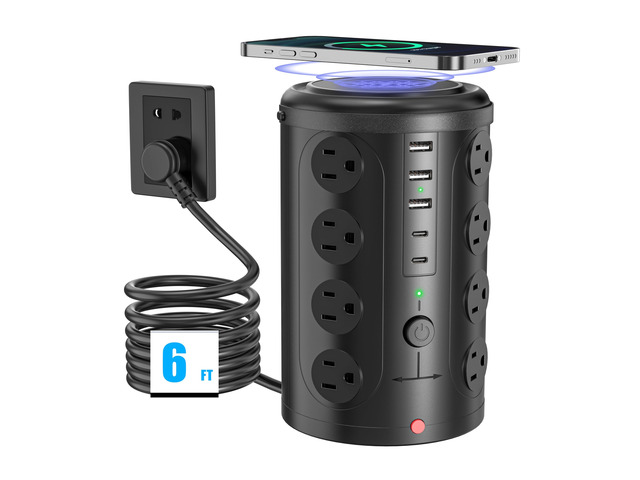 6FT Power Strip Tower Surge Protector with 15W Wireless Charger 16 WideSpaced Outlets & 5 USB (2 USB C) Port, 45°Flat Plug, Desk Charging Station...