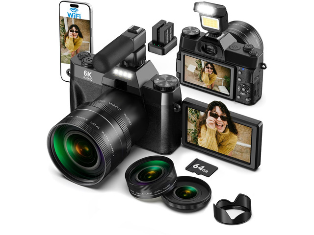 6K WiFi Flip Screen Digital Camera, Mic & Fill Light for Photography Compact Vlogging Camera for YouTube & Beginners, 16X Zoom Dual Lens with 64GB...