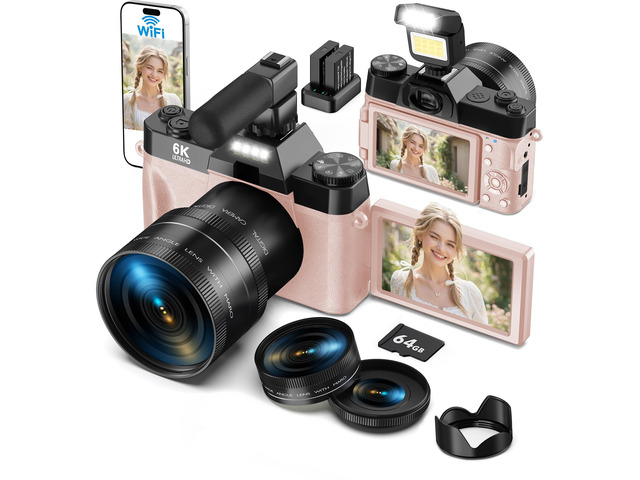 6K WiFi Flip Screen Digital Camera, Mic & Fill Light for Photography Compact Vlogging Camera for YouTube & Beginners, 16X Zoom Dual Lens with 64GB...