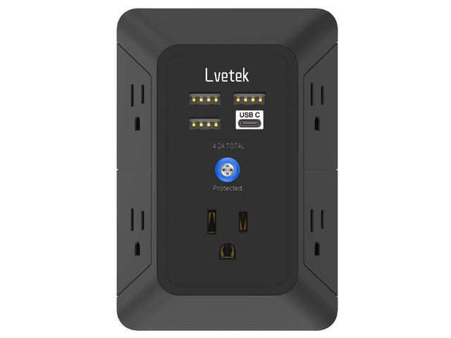 Surge Protector Outlet with 5-Multi Plug Outlet and 4 USB Ports (1 USB C), 3-Sided 1680J Power Strip Wall Charger for Home, Travel, Office - ETL...