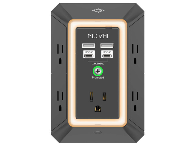 Multi Plug Outlet Surge Protector, 5 Outlets and 4 USB Ports(2 USB-C) and Night Light, 3-Sided Power Strip with Adapter Spaced Outlets for Home,...