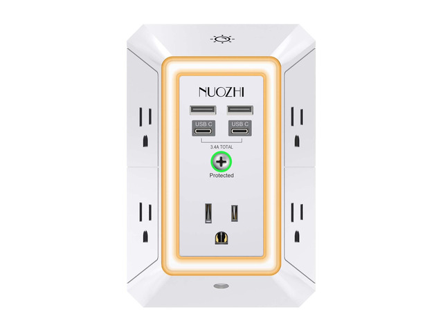 Multi Plug Outlet Surge Protector, 5 Outlets and 4 USB Ports(2 USB-C) and Night Light, 3-Sided Power Strip with Adapter Spaced Outlets for Home,...