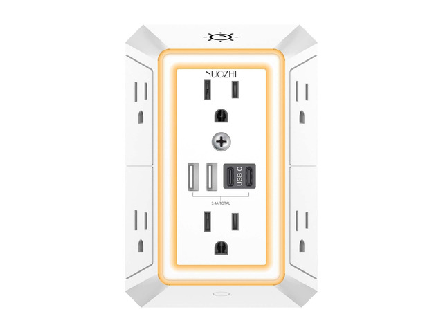 Outlet Extender Surge Protector - 6 Outlet Splitter with 4 USB Ports(2 USB-C) and Night Light, Multi Plug Wall Outlet 1680J Power Strip for Home...